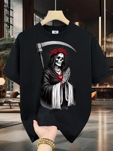Camiseta de Manga Corta Negra con Estampado de Santa Muerte con Espada y Rosas para Uso Diario y Eventos Temáticos