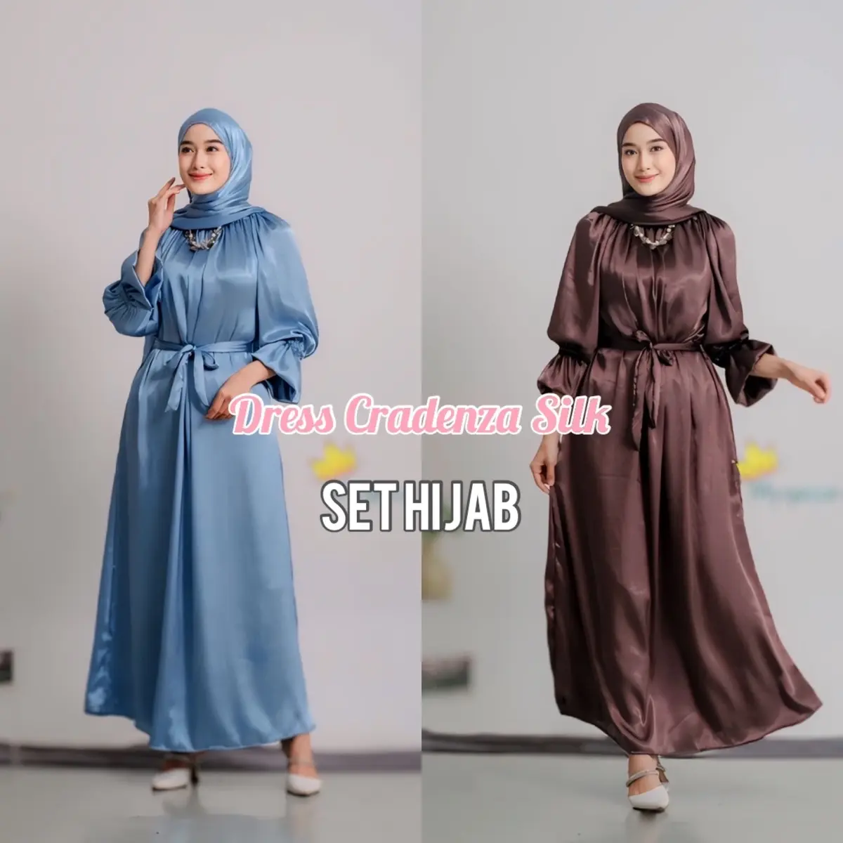 SET HIJAB LUNA DRESS CRADENZA SILK Casandra Dress Shimmer Silk / Gamis Cradenza Shimmer Silk Busui Friendly / Gamis Viral Dress Wanita Lebaran Dewasa Syari Muslim Maroon Remaja Variasi Mocca