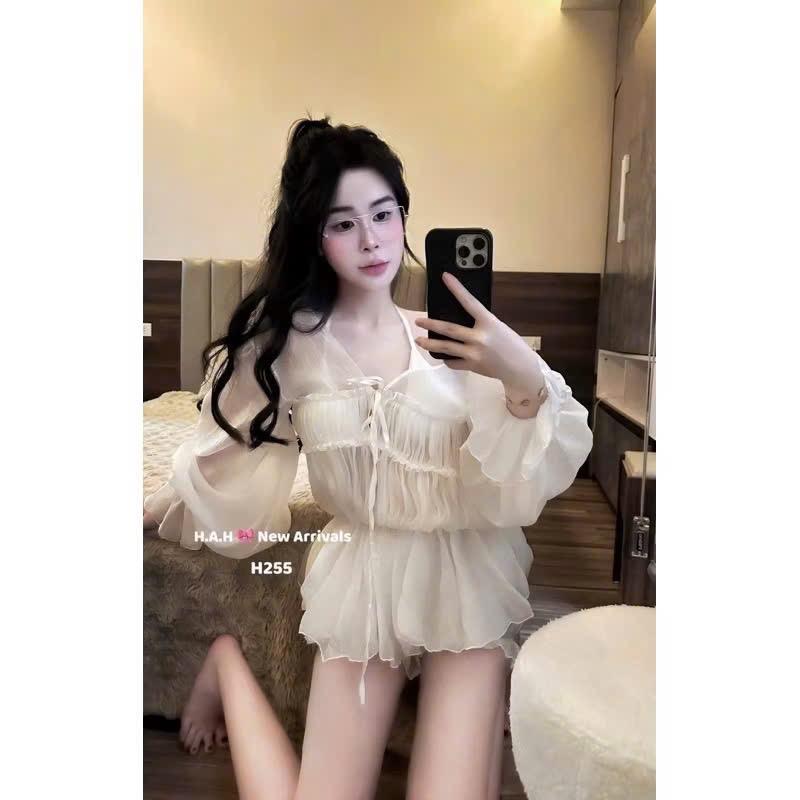 SET ÁO VOAN TƠ TRẮNG BO RÚT NHÚNG TD + BRA  2S + SHORT SIZE SM 3