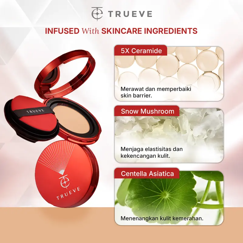 TRUEVE Radiant Hi-Cover Mesh Cushion - High Coverage Tahan Lama, Minim Oksidasi, Poreless Radiant Glow Finish, Skincare Kulit Normal Kulit Kering, Cover Blur (5X Ceramide + Snow Mushroom + Centella Asiatica) 6