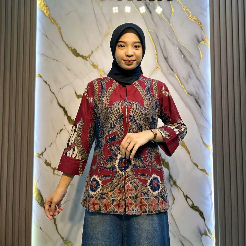 Blouse Batik BURUNG KEMBAR maroon model kancing depan full kancing lengan 7/8 By Batik Rama 0