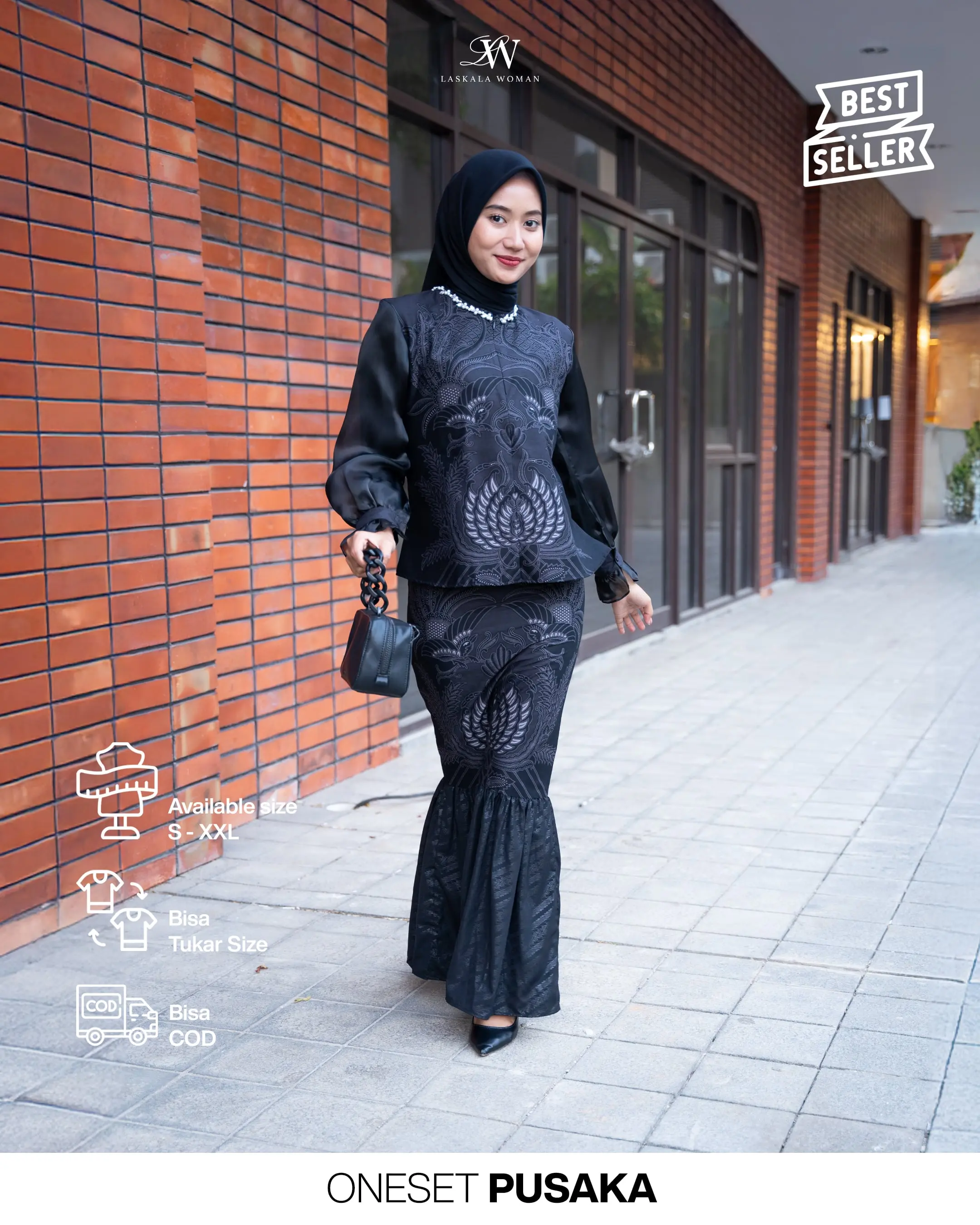 Laskala Woman Pusaka One Set Blouse dan Skirt Batik Hitam Lengan Panjang