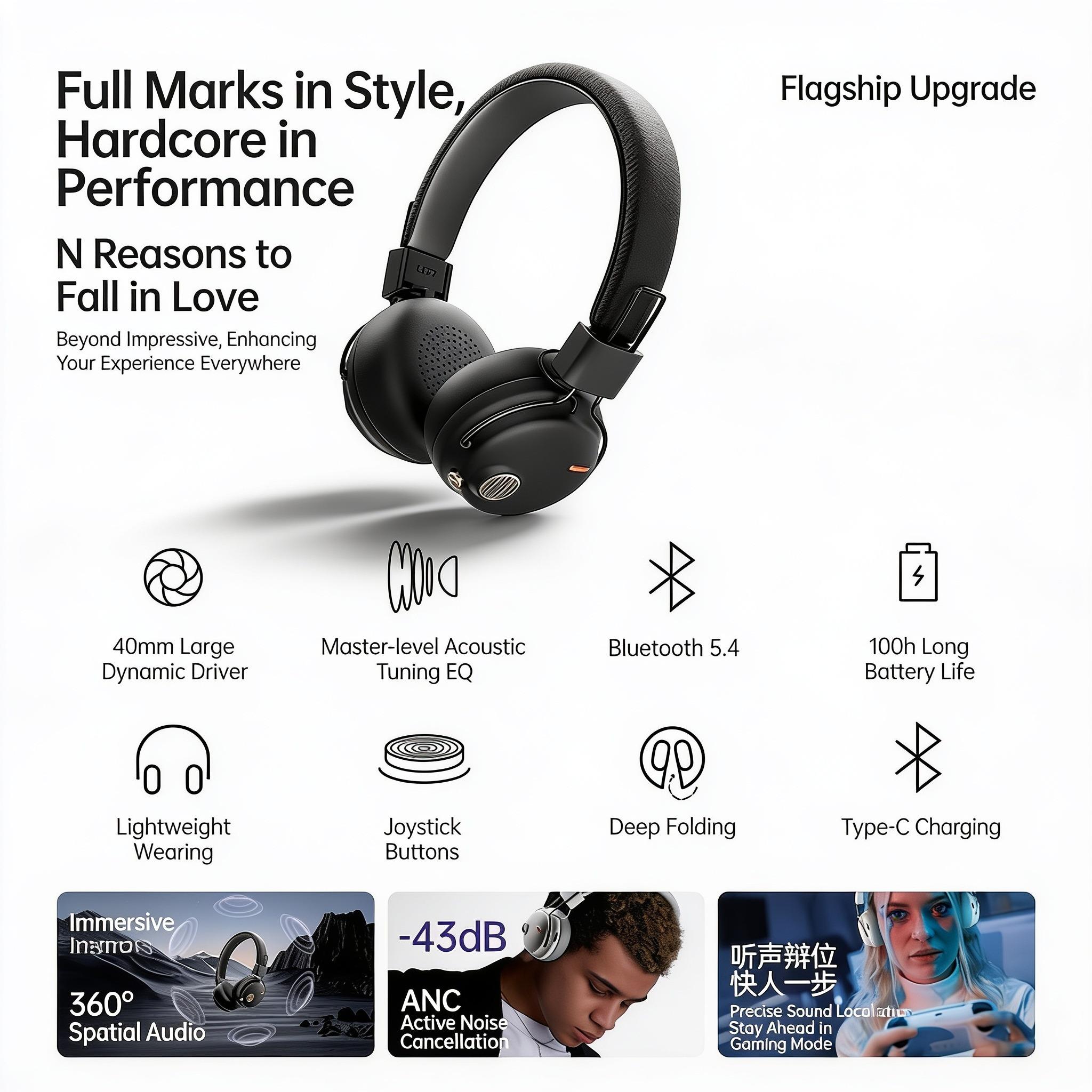 Headphone Bluetooth ANC Noise Cancelling | Headset Wireless Retro Bass