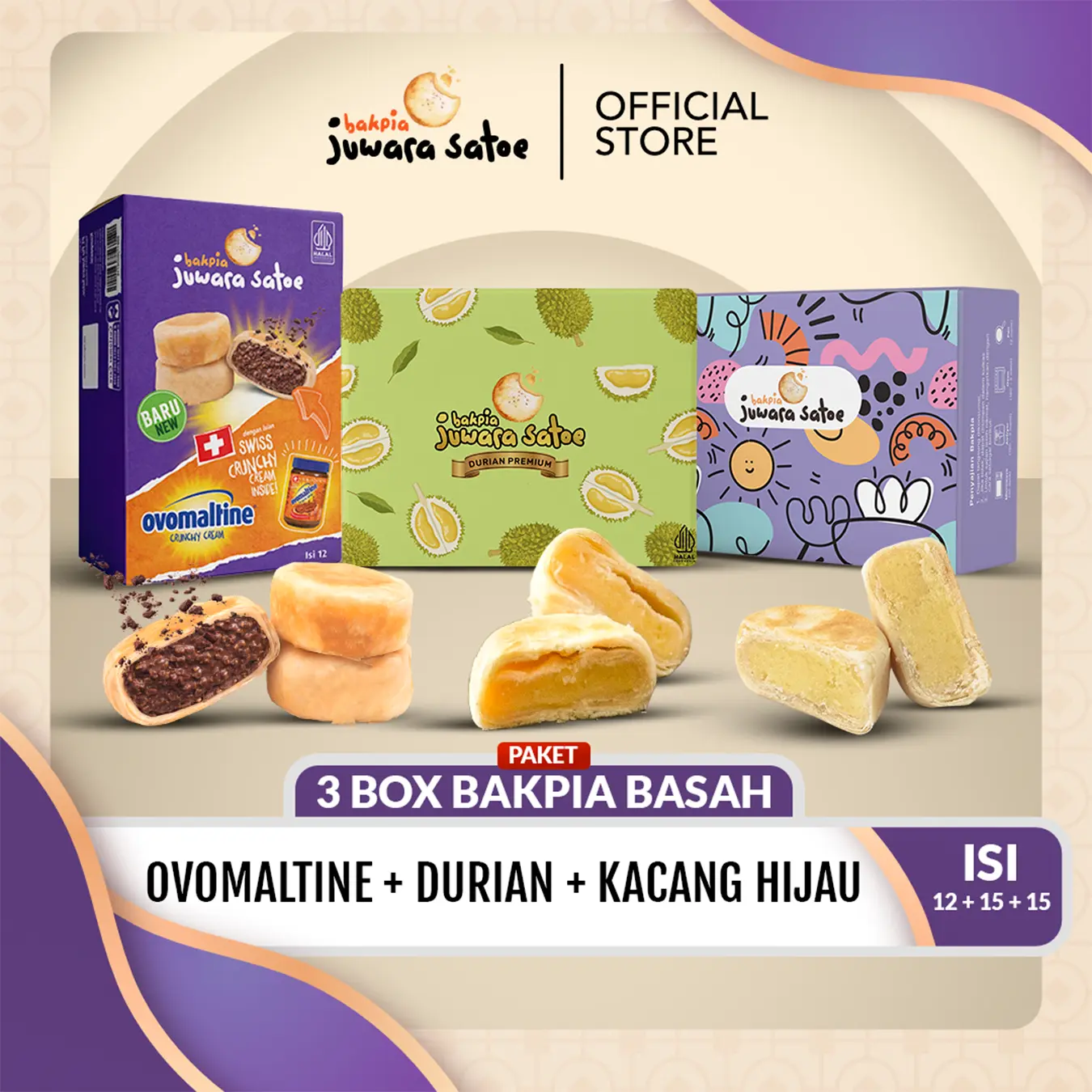 JUWARA SATOE [ 3 BOX ] BAKPIA BASAH [ OVOMALTINE 12s, KACANG HIJAU 15s, DURIAN 15s ]   - CEMILAN SNACK OLEH-OLEH KHAS JOGJA