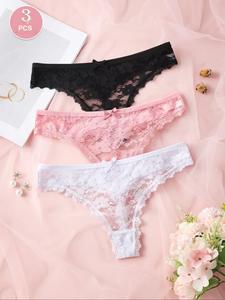 Conjunto de bragas con ribete de encaje elegante, paquete de 3, estampado floral, lazo decorativo, noche romántica, sexy y cautivadora, multicolor, tallas S–XL, actualización refrescante para primavera