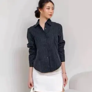 Kemeja Strip Luna Shirt Premium Tali Pinggang Atasan Wanita Fitt Body Semi Woll Garis Nyaman