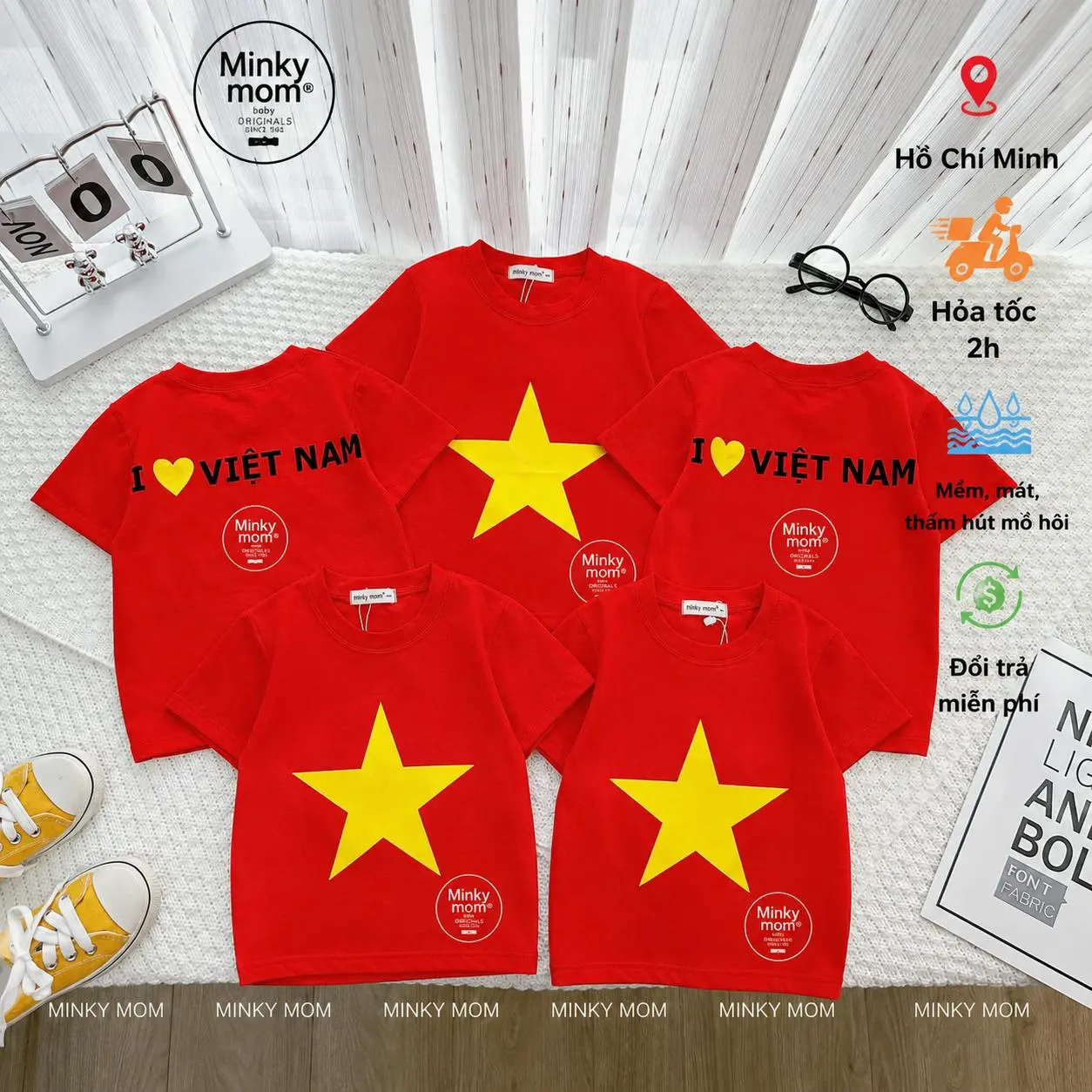 Áo CỜ ĐỎ SAO VÀNG (BA-Mẹ-Bé) Minky Mom (Chất vải  THUN LẠNH bé size80-150)(vải MÈ ba mẹ size XS-XXL )( AO LE - IN 16 )