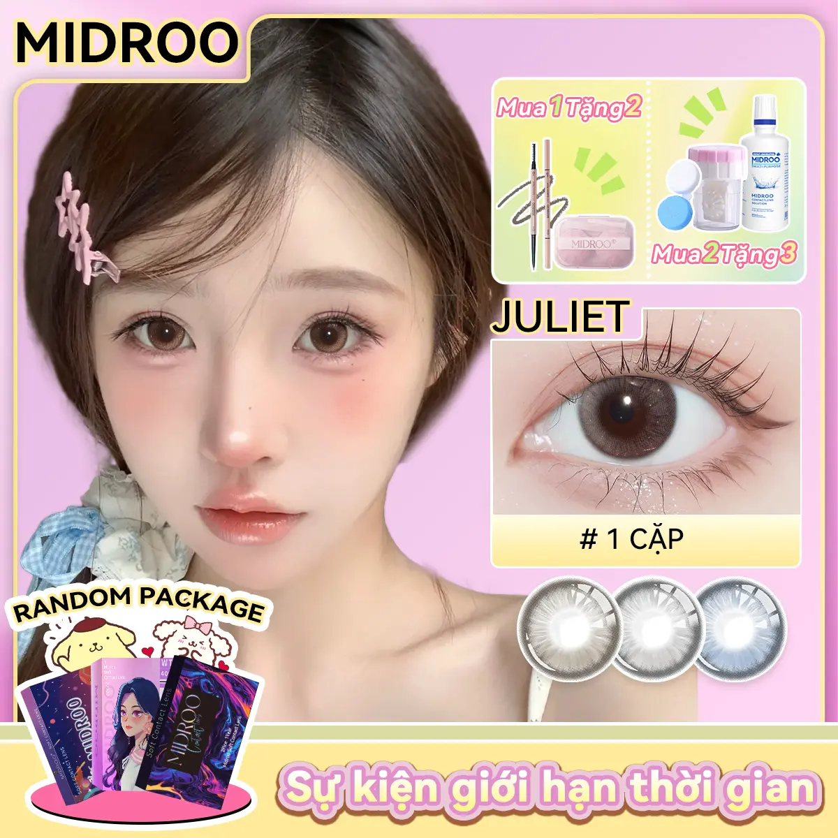 【 Mua 1 tặng 2】Midroo Lens 14,2mm Juliet 0-6 độ Lens Cận Mắt Kính áp tròng lens giãn tròng 1 Năm