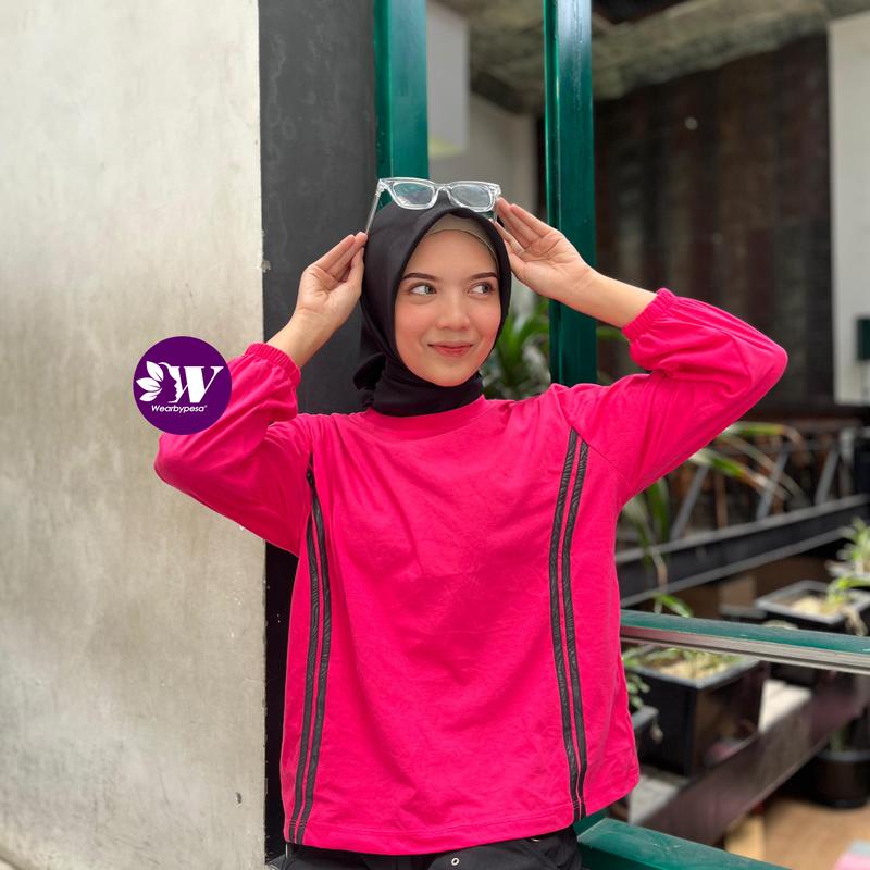 Kaos Blouse Strip Samping  Atasan Wanita Terbaru Sporty Lengan Panjang Karet Katun Kombed Premium Casual 2