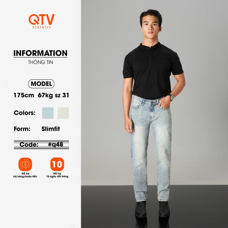 [QTV2] Quần jean nam co giãn form slim fit, màu xanh bụi cào xước_Q48 Pants Menswear Có Túi Cotton Denim