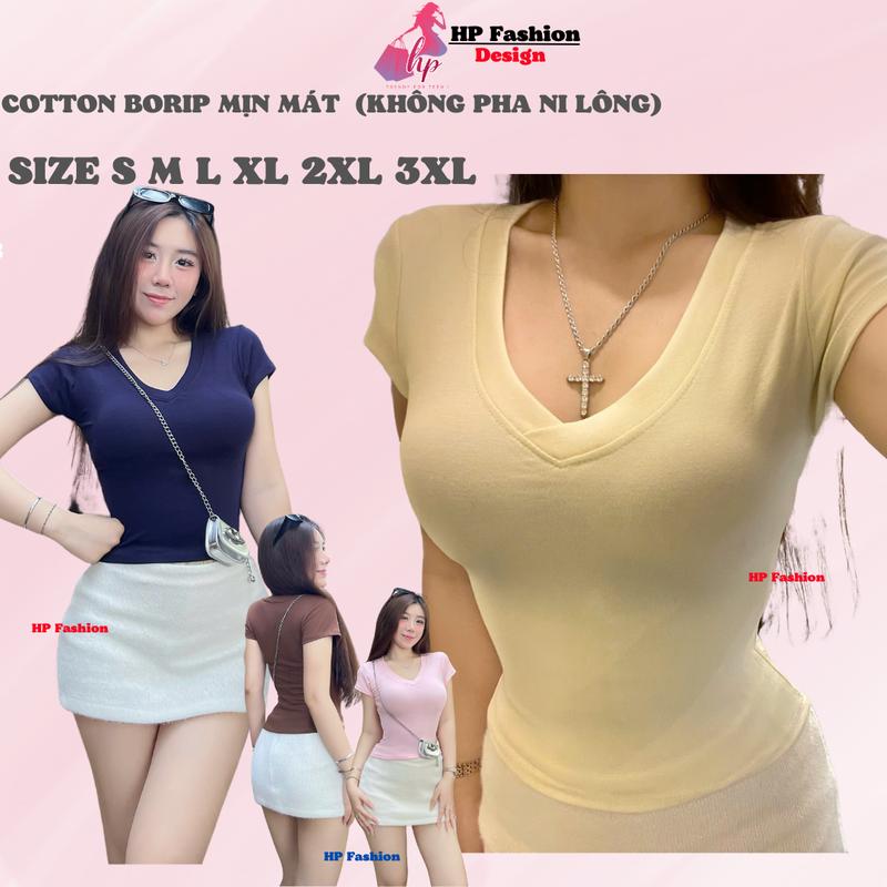 [COTTON BORIP MỊN MÁT] Áo thun cổ tim nữ chiết eo basic, áo phông nữ ôm body cộc ngắn tay vải cao cấp co giãn 4 chều thoáng mát thấm hút mồ hôi  có bigsize mùa hè HP38
