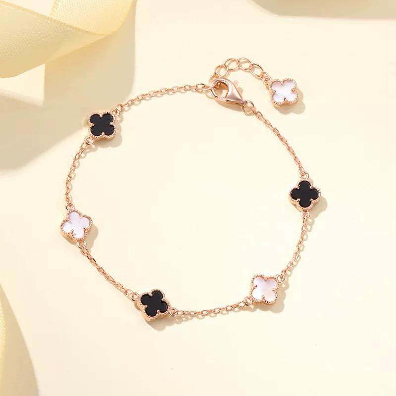 Gelang Tangan Wanita Titanium Sebalik Hitam Sebalik Putih dengan Berlian Buatan dan Bunga