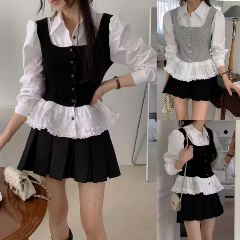 Áo sơ mi nữ A.773 Áo sơ mi dáng lửng phối dạ cổ đức tay dài cúc dọc 2 tầng bèo basic dễ phối đồ - Shop Chấm Bi