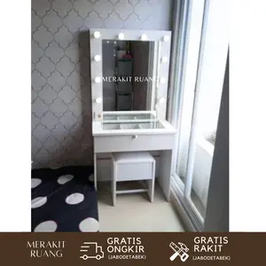 Meja rias premium vanity mirror terang dengan laci elegan dan murah