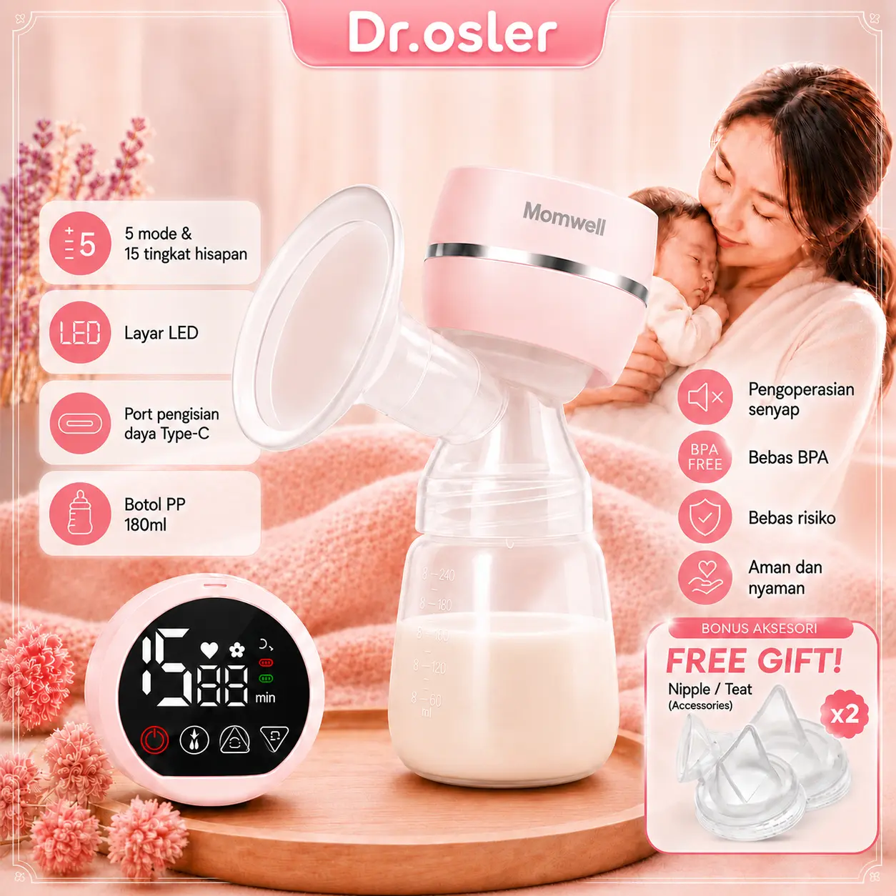 Dr.osler Alat Pompa ASI Elektrik Portable BPA Free Tanpa Rasa Sakit Rechargeable Single Electric Breast Pump EB06 Bayi Ibu