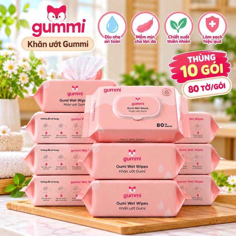 (Combo 10 Gói) Khăn Giấy Ướt Gummi 80 Tờ | Không Mùi, An Toàn Cho Trẻ Sơ Sinh, Mẹ Và Bé
