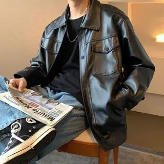 Men Leather Jacket Handsome Korean Version Fashion Style Inner Buckle Outer American Retro Leather Jacket Street Lapel Jacket Cardigan Men