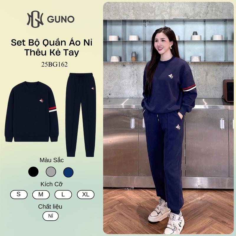 GUNO-Bộ quần áo NỈ NỮ GUNO thêu chó 2 sọc ngang tay quần bo gấu SP5 | 25BG162