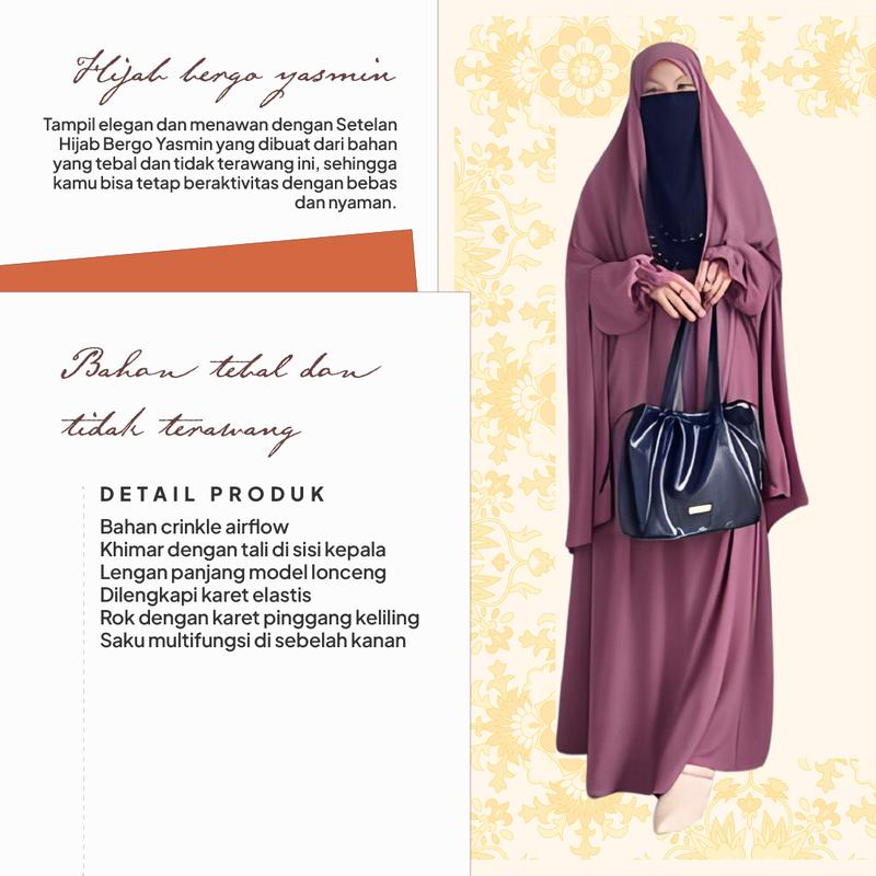 Setelan Hijab Bergo Yasmin Crinkle Airflow Lengan Panjang Lonceng Wudhu Friendly Serap Keringat Berbagai Macam Warna By Arlgalery 1