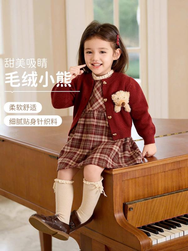   Vương My Kids  Tặng Gấu Bông gắn áo Set váy 2 chi tiết áo cadigan kèm váy SỌC KẺ ĐỎ cho bé gái 6-25kg  Nhận làm theo yêu cầu  