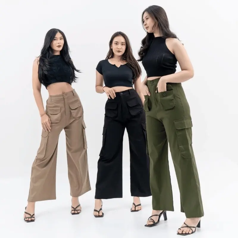 Kulot Cargo Pants Wanita Kantong Depan Karet Celana Kancing 0