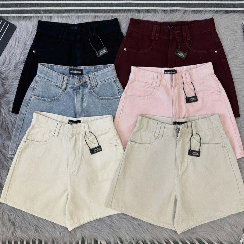 (MINA JEANS) Quần Sọt Jean Nữ Dáng A Dây Săn Đôi Thêu Nơ Chỉ Trắng Túi Sau