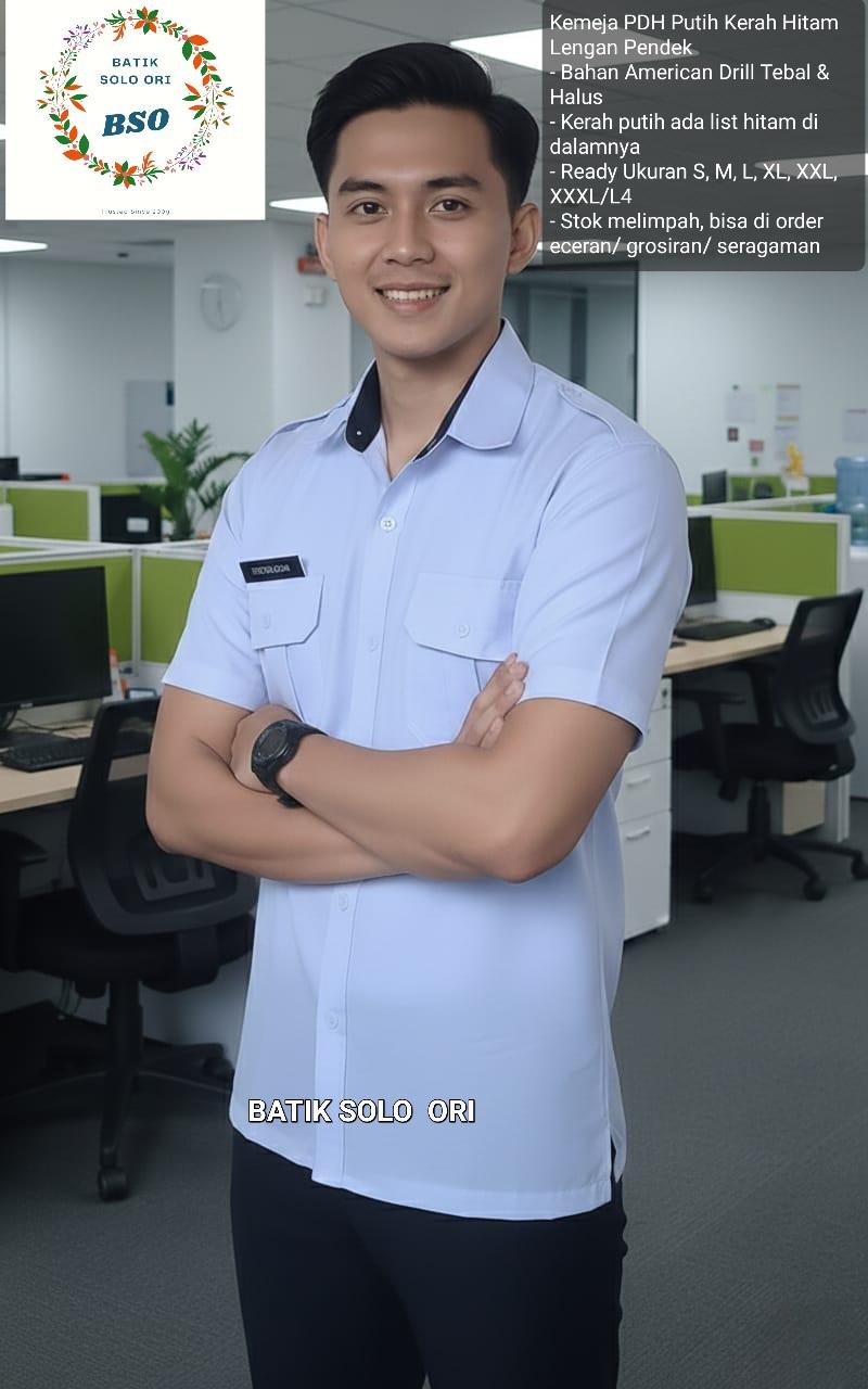 BATIK SOLO ORI Seragam PNS Kemeja PDH Pria Putih Kerah Hitam Bahan Drill Premium Nyaman Dipakai Sehari-hari Seragam PDH Putih Kerah Hitam Seragam PNS ASN PPPK Terbaru. Kemeja PDH Putih kerah hitam lengan panjang