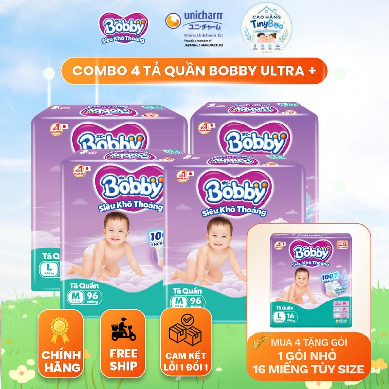 COMBO 4 Tã quần Bobby Ultra Mẫu mới Siêu khô thoáng M96/L88/XL74/XXL68 cho bé thoải mái cả ngày_ NPP Cao Hằng