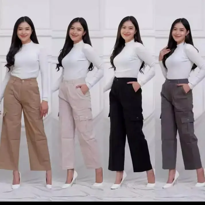 celana wanita cargo bahan cutton twill combed ukuran standar dan jumbo Formal Kancing Korean ritsleting Elegant remaja Panjang Katun Lembut Nyaman Baggy Linen Kantor Dewasa Oversize Crinkle Hitam Kerja Cantik Navy