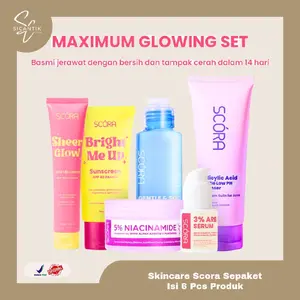 MAXIMUM GLOWING SET 6IN1: SCORA 5% NIACINAMIDE HYDRAMOIST GEL WITH ALPA ARBUTIN & PANTHENOL+ SCORA BRIGHT ME UP SUNSCREEEN 40 GR + SCORA SHEER GLOW TONE UP CREAM 30 GR | SCORA GENTLE & SOOTHE MICELLAR CLEANSING WATER 100 ML + SCORA GENTLE LOW PH CLEANSER