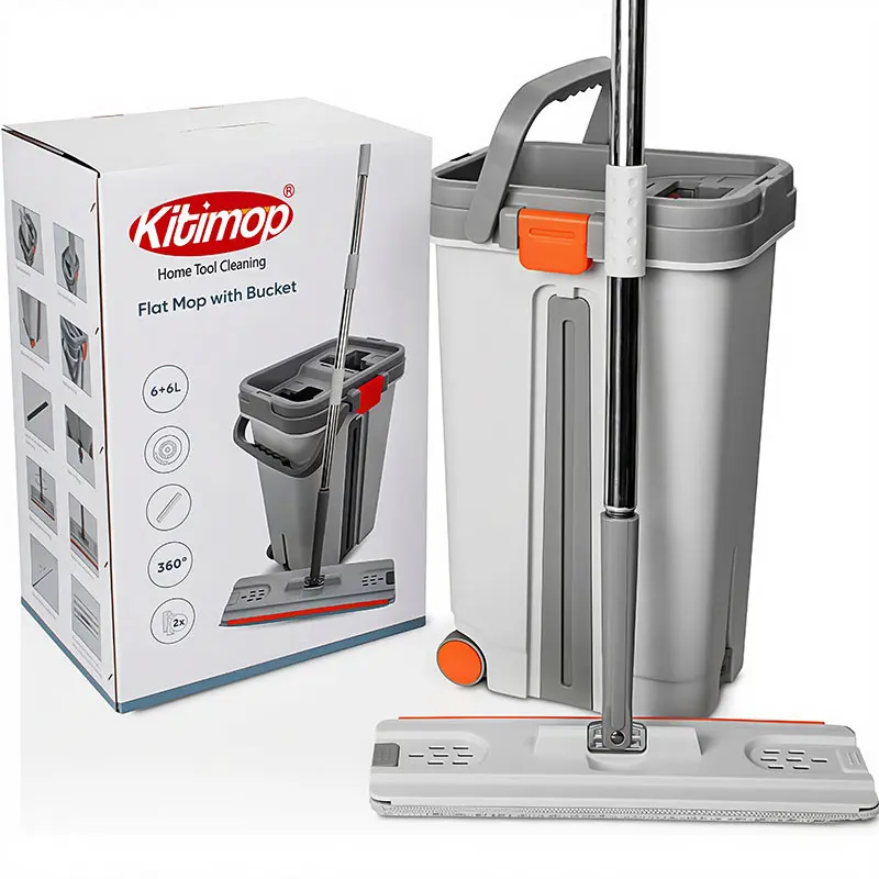 Bộ Cây Lau Nhà Tự Vắt KITIMOP PRO MAX, Thùng Lau Nhà Tự Vắt Thông Minh, Chổi Lau Nhà Xoay 360 Độ, 3 Bông Lau