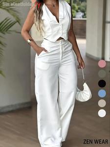 Nuevo conjunto de mujer: top sin mangas con cinturón para ceñir la cintura y pantalones de pierna ancha; traje elegante de oficina para mujer, conjunto de dos piezas ideal para el trabajo.