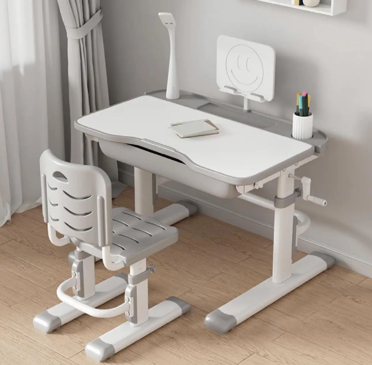 Kids Study Desk and Chair Set Height Adjustable Children Writing Functional Tilt Study Table with Drawers Lamp Bookstand