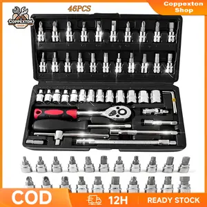 Coppexton Shop 46PCS 46Pcs Perkakas Soket Ratchet CR-V 1/4 Inch untuk Mobil Sepeda & Rumah DIY Bahan CR-V Super Kuat 45 Gigi Ratchet Cepat Lepas