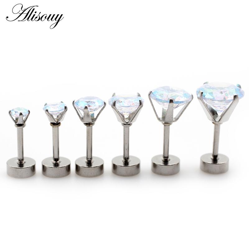 Alisouy 2pcs Unisex Women Men Round Crystal Zircon Stainless steel Ear Studs Earrings Barbell Tragus Cartilage Piercing Jewelry 7