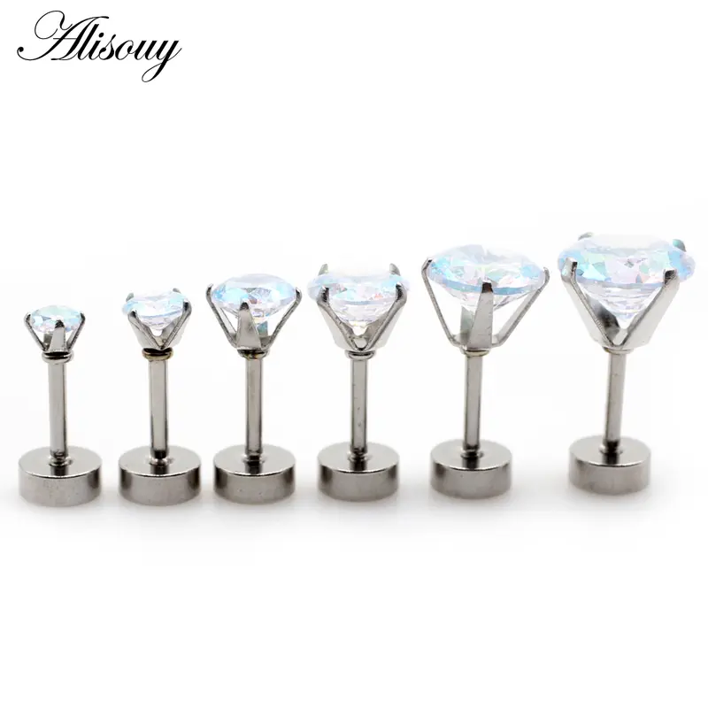 Alisouy 2pcs Unisex Women Men Round Crystal Zircon Stainless steel Ear Studs Earrings Barbell Tragus Cartilage Piercing Jewelry 7
