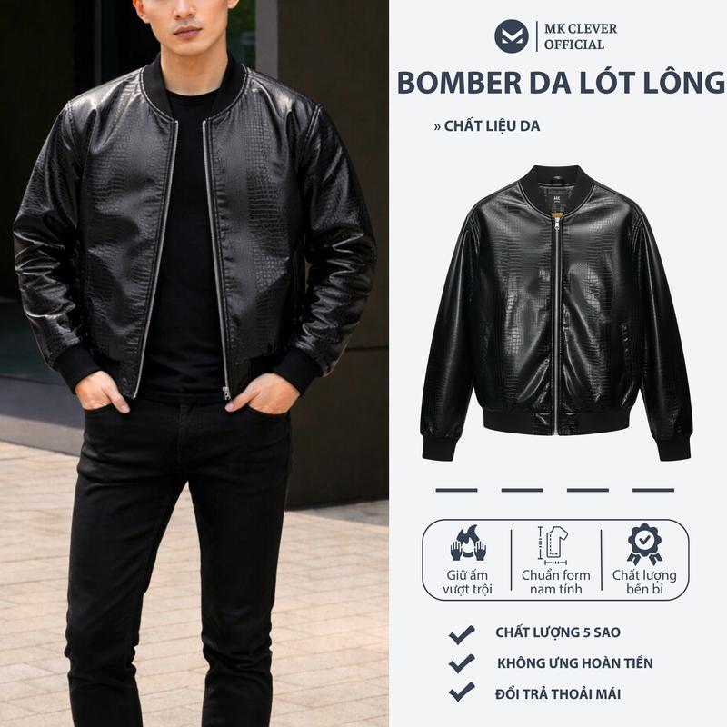  Áo Khoác Bomber Da Lót Lông MK CLEVER Lót Lông Dày Dặn Form Dáng Trẻ Trung Menswear Nam Size M L XL 2XL Chất Liệu Da PU nổi bật 