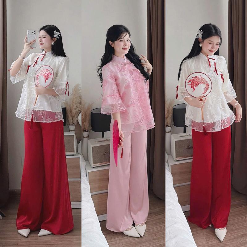 Sét đồ nữ 2 món áo cổ tàu thêu đính nơ tay lỡ kèm quần phi lụa dáng suông dài nữ tính phù hợp mặc đi chơi lễ tết đi chùa