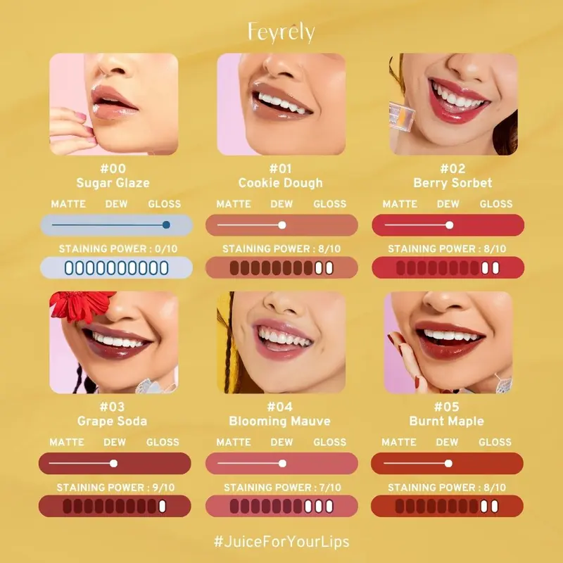 FEYRELY Fresh Dew Tint 4,5ml - 01 Cookie Dough Lip Tint Glossy Plumpy Moist Tahan Lama dan Cocok untuk Bibir Gelap Liptint 4