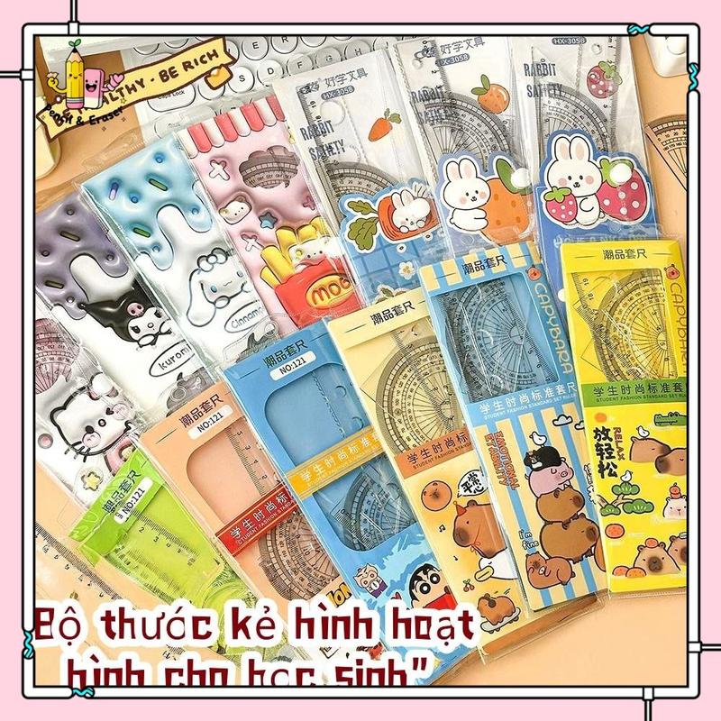 Bộ Thước Kẻ Đa Năng Hình Hoạt Hình Ngộ Nghĩnh – Full Set Bao Gồm: Thước Đo Góc, Thước 20cm, Thước Tam Giác