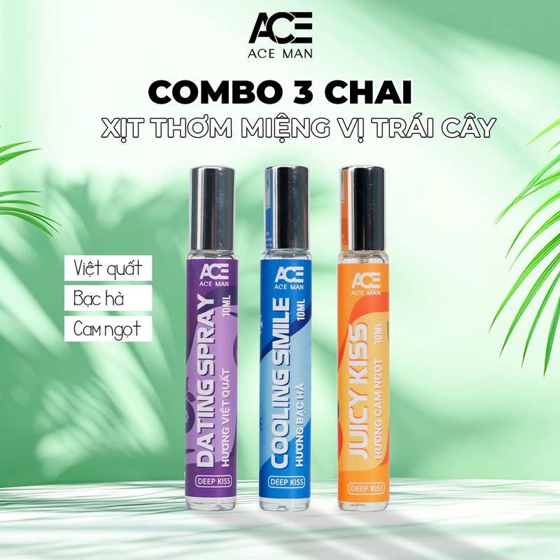 Combo 3 chai Xịt Thơm Miệng ACE Deep Kiss 10ml/chai Bạc hà, Việt quất, Cam ngọt cho cả nam và nữ hương vị tự nhiên the mát