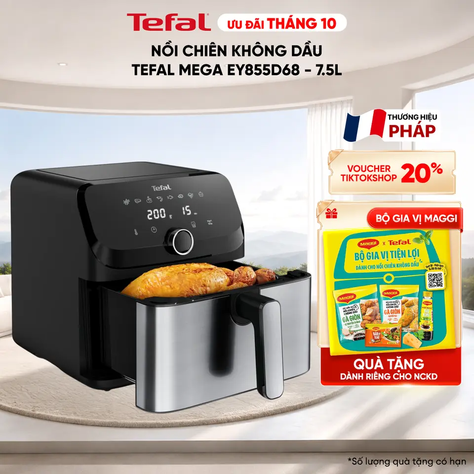 Nồi chiên không dầu điện tử Tefal EasyFry Mega Black EY8558E0 EY855D68 7.5L - Black/Grey