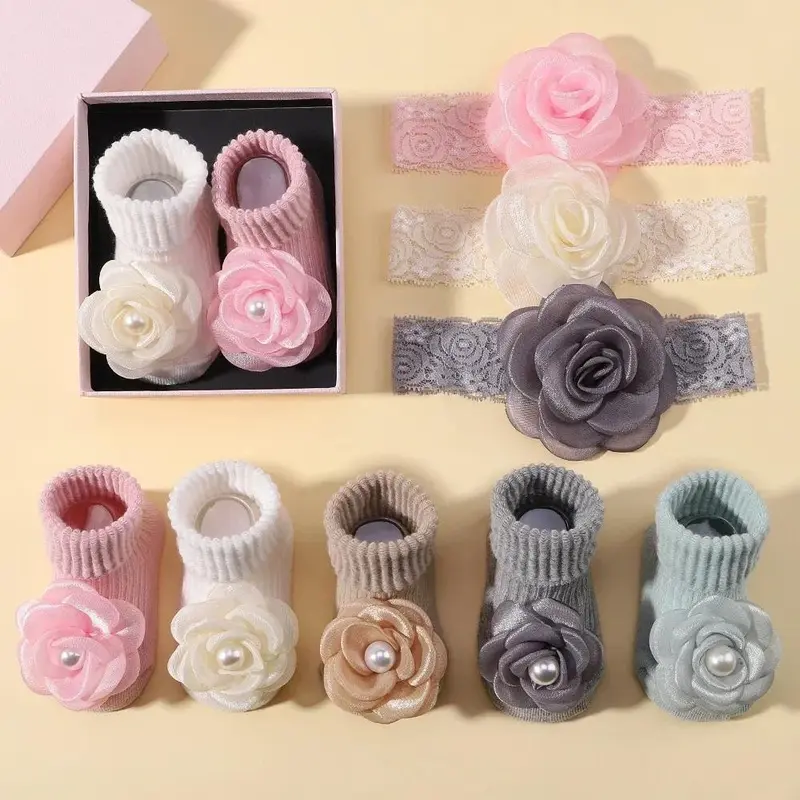 1 Set Sweet Lace Rose Flower Baby Socks Hair Band Set Infant Toddler Non Slip Breathable Short Socks Newborn Headband Sets Gift 0
