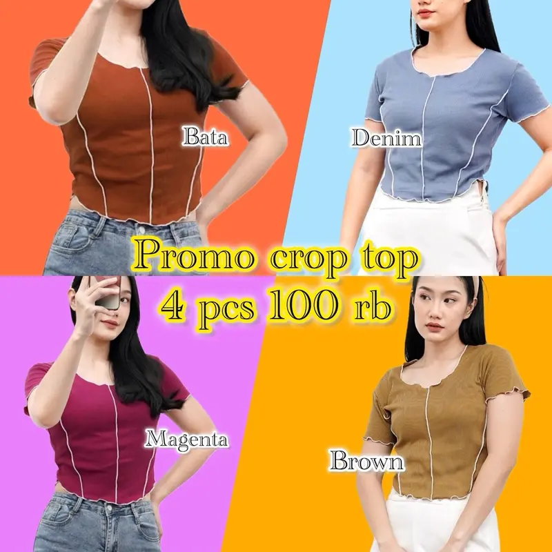 HQ_ Promo ( 4 pcs 100 rb) baju t-shirt crop Tee- U neck wanita lengan pendek nyaman dan adem Atasan Kaos 2