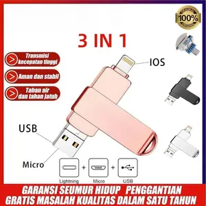 Kingston 3-in-1 Flashdisk 1TB OTG Flash Drive 32GB 64GB Stabil, tersedia selama 3 tahun suitable for iPhone/iPad/PC mini metal pen drive flashdis（IOS/Micro/USB) Komputer Storage