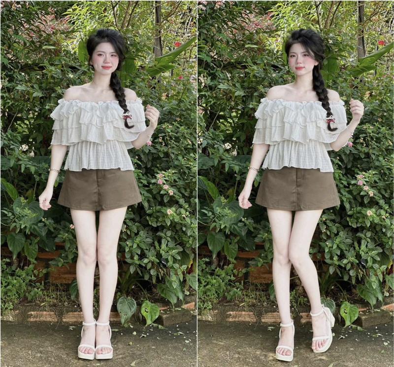  Sét áo xốp bèo bẹt vai kèm chân váy kaki ngắn  có lót quần  fom dáng trẻ trung năng dộng 