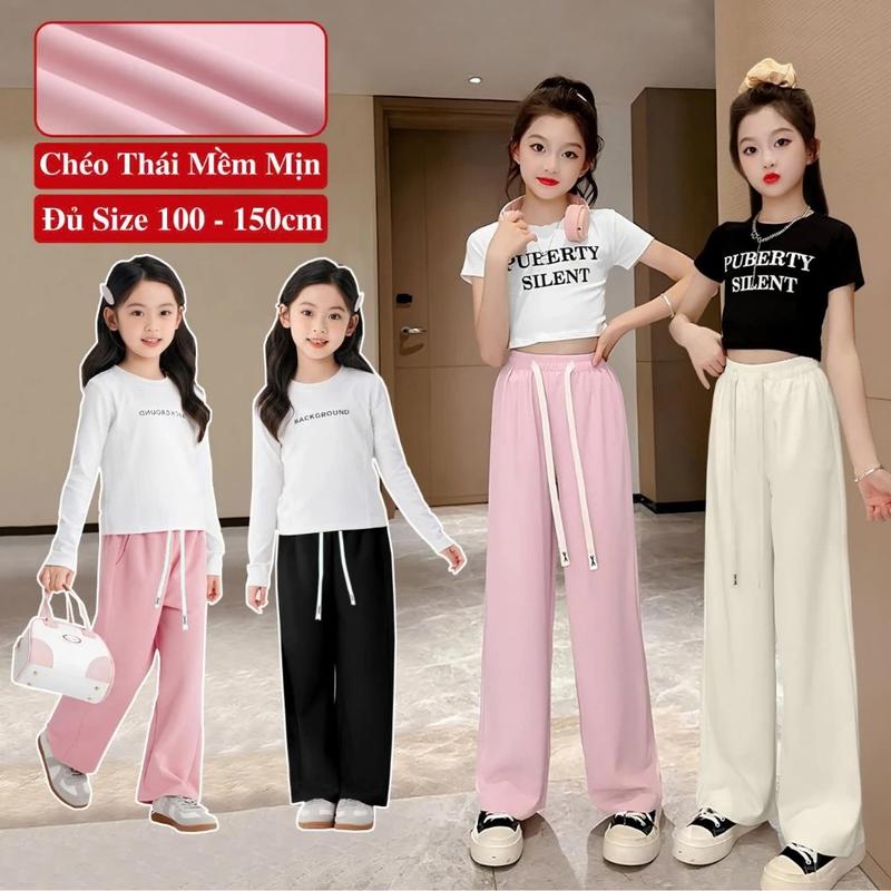 Quần Suông Ống Rộng Xuân Hè Cho Bé Gái KooKoo Vải Chéo Thái Mềm Mịn Cạp Chun Có Túi, Quần Dài Bé Gái Ống Rộng