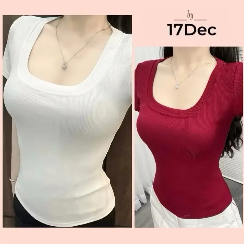 Áo thun cộc tay cổ vuông chất liệu thun tăm ôm body, áo babytee tôn dáng phong cách hàn quốc