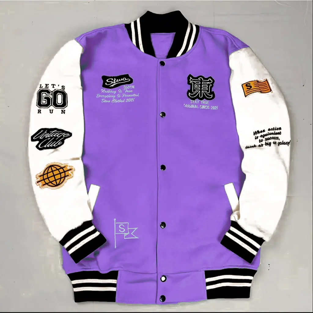 Jaket Baseball LILAC Varsity UNGU Full Bordir Pria Wanita Cowok Cewek Bahan Fleece Tebal 280gr