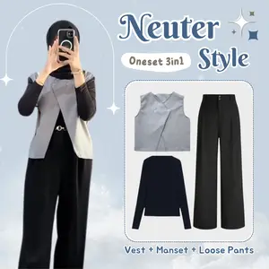 One Set Wanita Kekinian Korea Hijab 3 in 1(Rompi Vest + Loose Pants + Manset Lengan Panjang) - LT104  Baju Setelan Casual